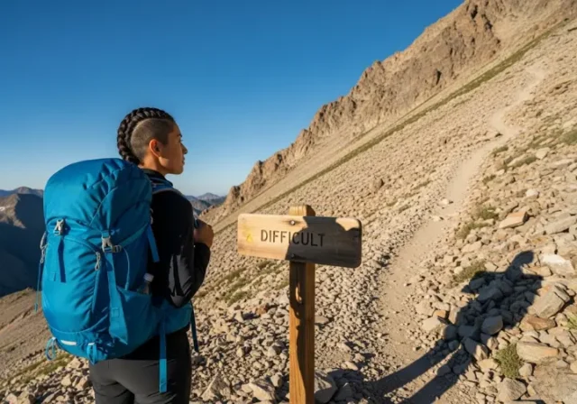 A confident female hiker wearing a modern CamelBak backpack stands at a trailhead looking towards a challenging mountain path, ready for a difficult hike.