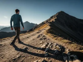 A male hiker wearing modern waterproof shoes confidently ascends a steep, rocky mountain trail that transitions from easy to difficult terrain.