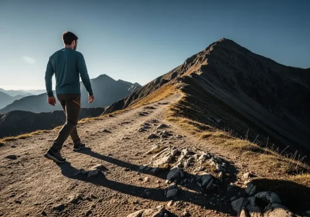 A male hiker wearing modern waterproof shoes confidently ascends a steep, rocky mountain trail that transitions from easy to difficult terrain.