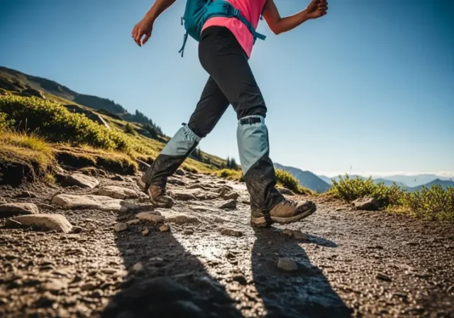 A hiker's legs wearing rugged, knee-high hiking gaiters, striding confidently on a muddy mountain trail, showcasing a complete and effective footwear protection system.