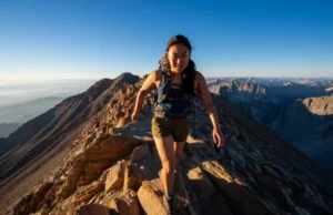 Trail-Rated Hiking Shorts: A Performance Review A female hiker wearing performance hiking shorts strides confidently along a dramatic, sunlit mountain ridge, embodying a trail-rated gear review.