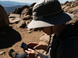 A hiker wearing a wide-brimmed sun hat pauses on a sunny trail to look at their navigation device.