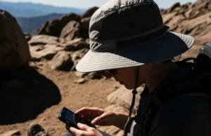 Hiking Hats Field-Tested: 2025 Thermal Sweet-Spot Guide A hiker wearing a wide-brimmed sun hat pauses on a sunny trail to look at their navigation device.
