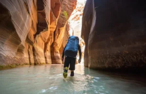 Hiking Water Shoes for The Narrows & Beyond: A Guide A prepared hiker wearing specialized hiking water shoes wades through the Virgin River in the magnificent slot canyon of The Narrows, Zion National Park.