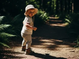 A toddler in hiking boots and a sun hat looks back at the camera while walking on a sunny, tree-lined trail.