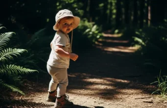 Toddler Hiking Boots: Expert Tested Picks for Every Trail A toddler in hiking boots and a sun hat looks back at the camera while walking on a sunny, tree-lined trail.