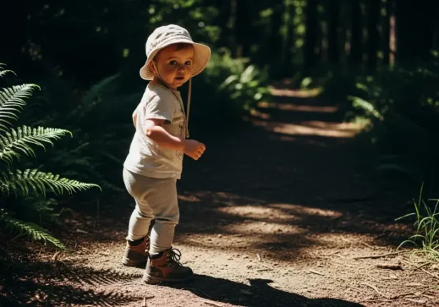 A toddler in hiking boots and a sun hat looks back at the camera while walking on a sunny, tree-lined trail.