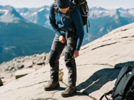 A hiker on a sunny, rocky alpine trail pauses to adjust the side zipper on their dark weatherproof pants.
