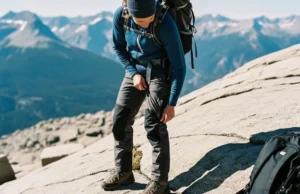 2025 Weatherproof Hiking Pants: Field-Tested Ultralight Guide A hiker on a sunny, rocky alpine trail pauses to adjust the side zipper on their dark weatherproof pants.