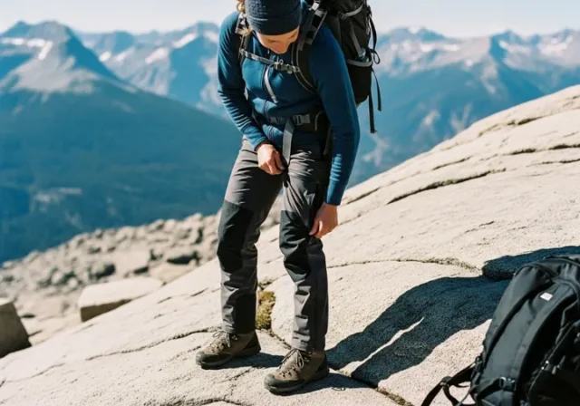 A hiker on a sunny, rocky alpine trail pauses to adjust the side zipper on their dark weatherproof pants.