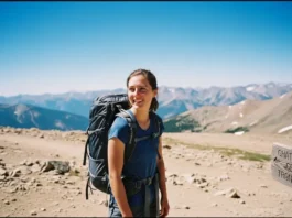 A woman wearing a well-fitted women's hiking pack smiles confidently while pausing on a sunny mountain trail.