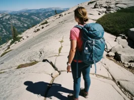 A woman hiker in water-resistant boots and a backpack pauses on a sunny, rocky trail, seen from a wide, side-angle view.