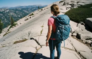 Women’s Water-Resistant Boots 2025: Fit & Trail Matrix Guide A woman hiker in water-resistant boots and a backpack pauses on a sunny, rocky trail, seen from a wide, side-angle view.