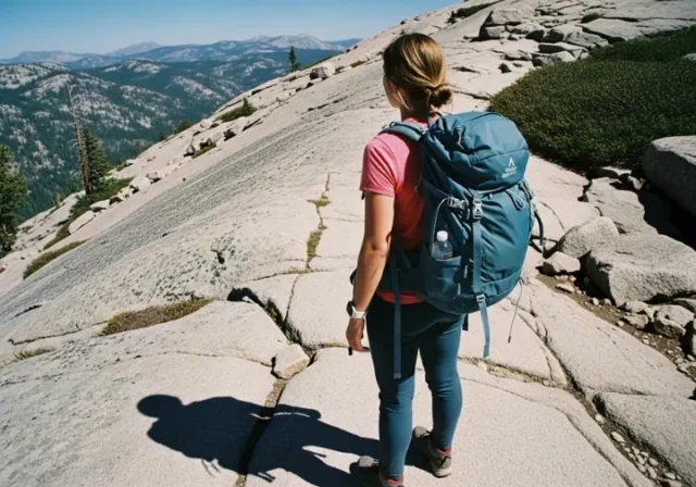 A woman hiker in water-resistant boots and a backpack pauses on a sunny, rocky trail, seen from a wide, side-angle view.