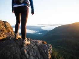 A woman hiker in waterproof shoes stands on a misty mountain trail, representing a field-tested guide to women's waterproof hiking footwear.