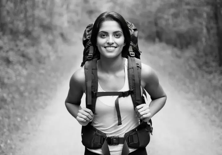 A smiling hiker on a forest trail showcases what truly matters in a backpack: a perfect and comfortable fit.