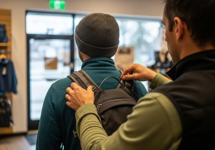 A gear shop employee's hands are seen adjusting the shoulder straps of a new Gregory backpack on a customer's back.