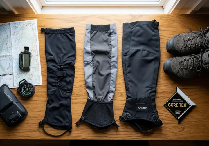 Three types of hiking gaiters—low, mid, and knee-high—are laid out on a wooden table next to a map, illustrating the expert framework for choosing the right gaiter.