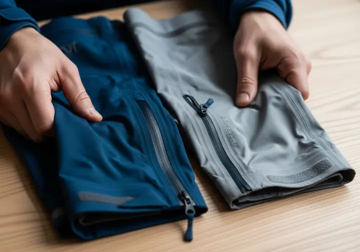 A close-up of a person's hands comparing the textures of a 3-layer and a 2.5-layer weatherproof pant fabric.