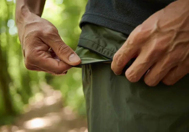 A hiker pauses on a trail to examine the durable, stretchy fabric and features of his men's hiking shorts, considering what truly matters for performance.