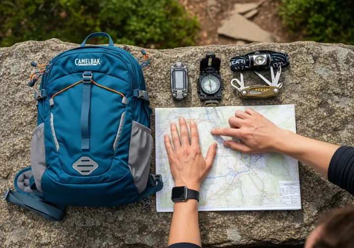 An overhead view of a CamelBak backpack and essential hiking gear like a map and compass laid out on a rock, representing an expert's framework for choosing the right pack.