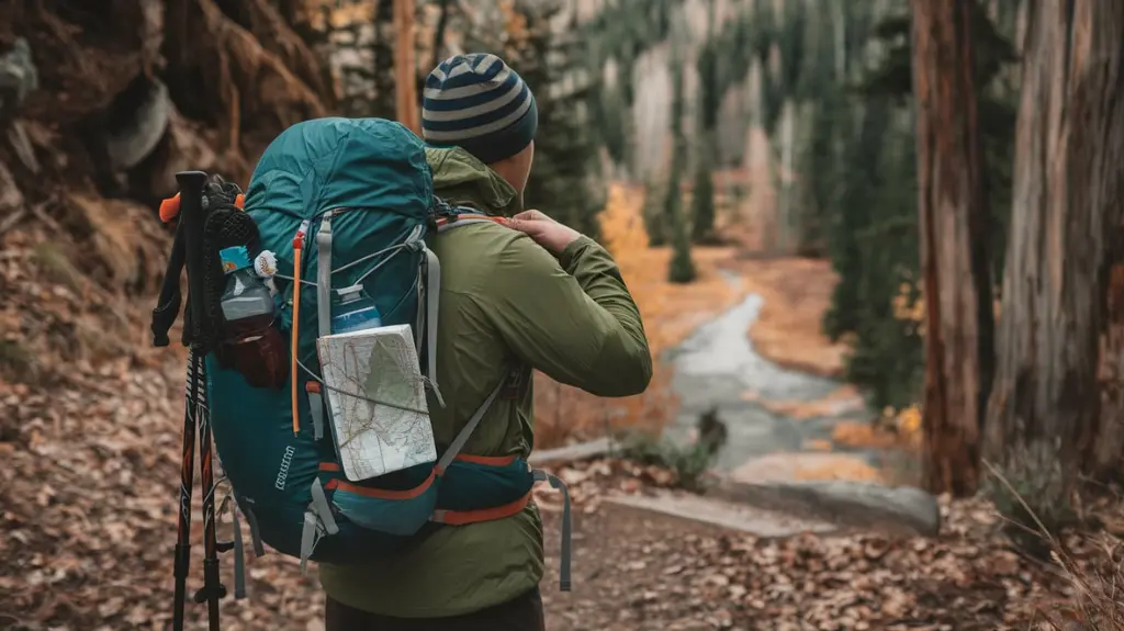 A hiker preparing with a fully-equipped backpack, ready for a new adventure on a scenic trail.