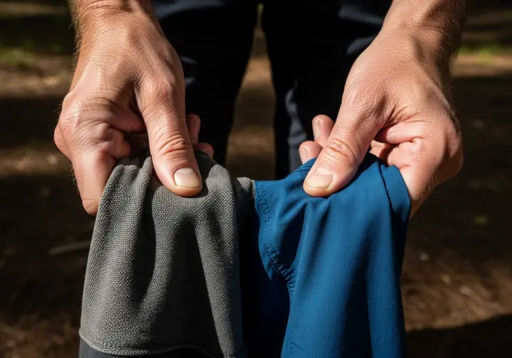 close-up of a person's weathered hands comparing the texture of a thick canvas hiking pant fabric with a lightweight synthetic one, with a forest floor in the background.
