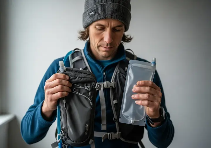 A person holds a chest pack and a separate hydration bladder, carefully comparing them under the flat light of an overcast day.