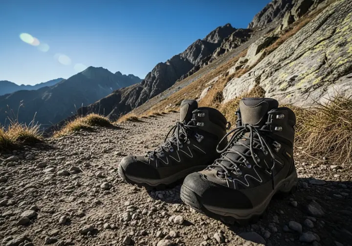 A hiker sits on a rock on a forest trail, carefully examining the construction of his hiking shoe while a trail map rests on his knee.