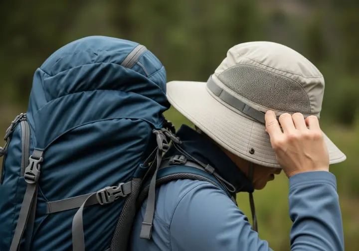 A hiker seen from the side adjusting their wide-brimmed hat, which is being pushed down by their tall backpack.