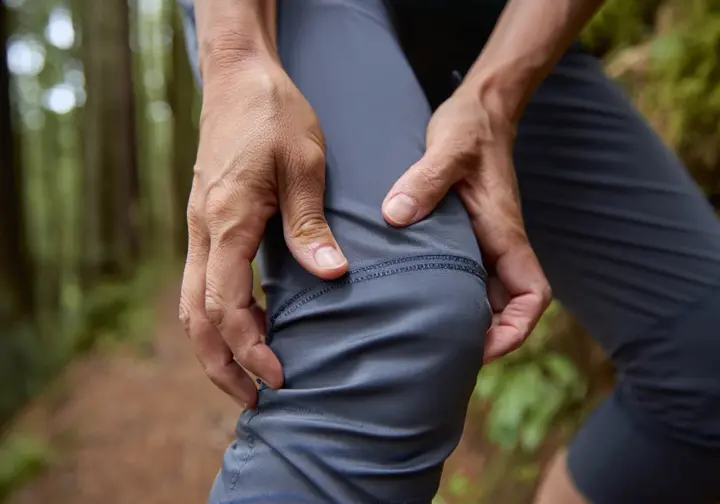 Close-up of a hiker's hands examining the durable, stretchy fabric and articulated knee of her high-quality hiking pants on a trail.