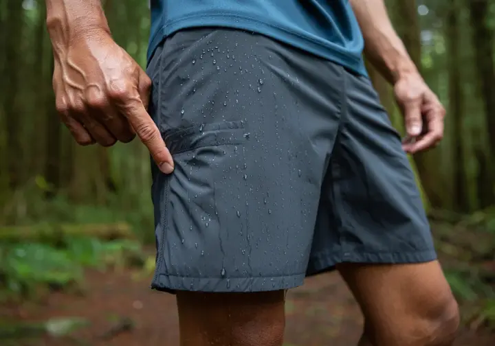 A close-up showing water beading on the DWR-treated fabric of a hiking short, with a finger pointing to the gusseted crotch to show what truly matters in quality.