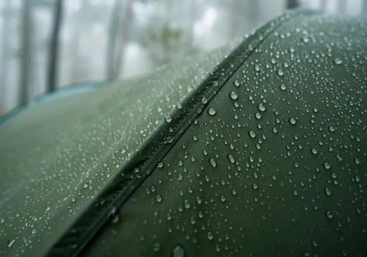 A close-up view of water droplets beading on the taut, waterproof polyester fabric of a hiking tent, demonstrating its durability and weather resistance in a forest.