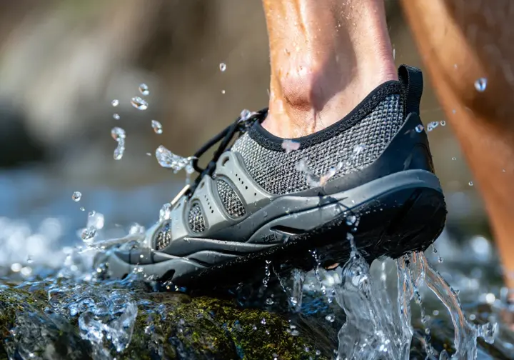 A close-up view of a hiking water shoe showing water efficiently draining from its mesh upper as a hiker steps onto a wet rock by a stream.
