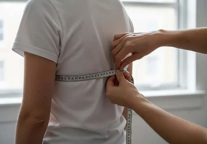 A close-up of a woman's clean hands using a flexible measuring tape on another woman's back to measure torso length for a hiking pack.