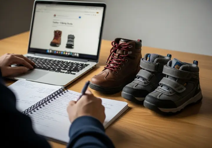 A desk scene with a laptop, a notebook, and two different toddler hiking boots, representing a research process.