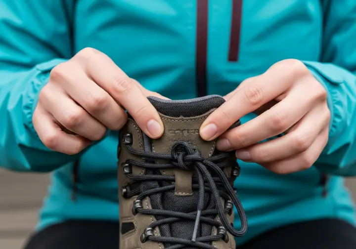 A close-up of a woman's clean hands carefully examining the construction and materials of a new hiking boot on an overcast day.