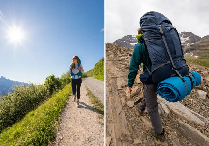 Side-by-side depiction of a day hiker and a multi-day backpacker, illustrating adaptable hiking gear checklists for specific adventures.