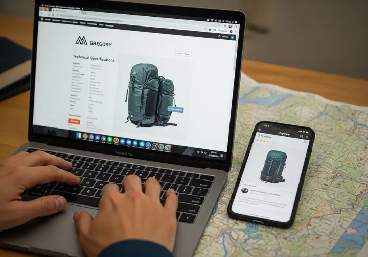 A close-up of a desk showing a laptop with Gregory backpack specs and a smartphone with an Osprey review, illustrating the gear selection process.