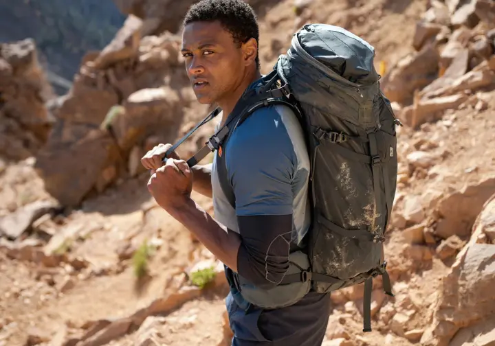 A gear tester carefully adjusts his hiking backpack on a rocky trail, showing the rigorous testing process.