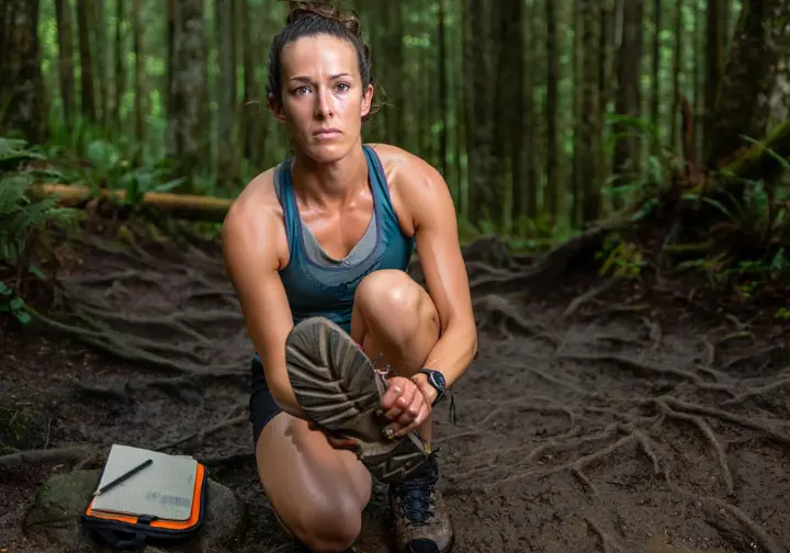 A hiker kneels on a challenging, muddy trail to carefully inspect the sole and construction of a barefoot hiking shoe, representing a rigorous testing process.