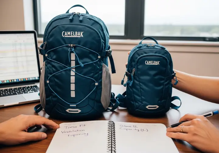 A desk view showing a person comparing two CamelBak backpacks, with a laptop displaying technical data and a notepad with research notes, illustrating a meticulous selection process.