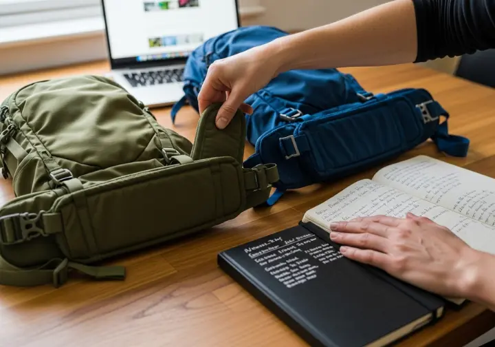 A top-down view of a woman's hands comparing the features of two women's hiking packs on a wooden table with a notebook.