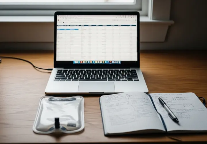 A desk shows a laptop with a spreadsheet, a notebook with handwritten notes, and a hydration bladder, depicting a gear selection process.