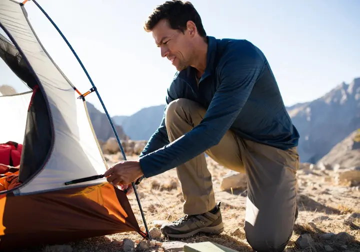 A hiker meticulously inspects and tests the zipper durability of a hiking tent at a rugged, rocky campsite as part of a detailed field-testing process.