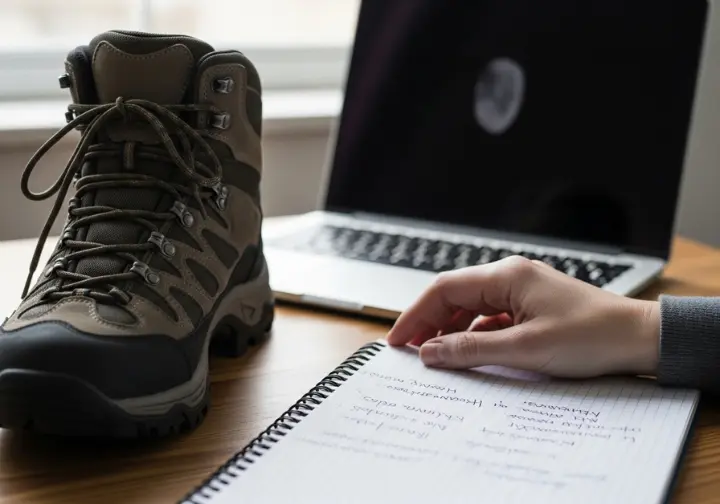 A close-up of a new hiking boot on a table next to a laptop and a notebook, representing a research and selection process.