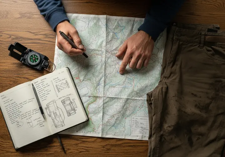 A top-down view of a wooden table with a topographical map, notebook, and muddy hiking pants, with a person's hand pointing at the map.
