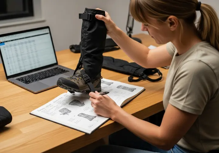 An expert's hands carefully inspect the instep strap of a hiking gaiter at a workbench, with a notebook and laptop nearby, showing the detailed selection process.