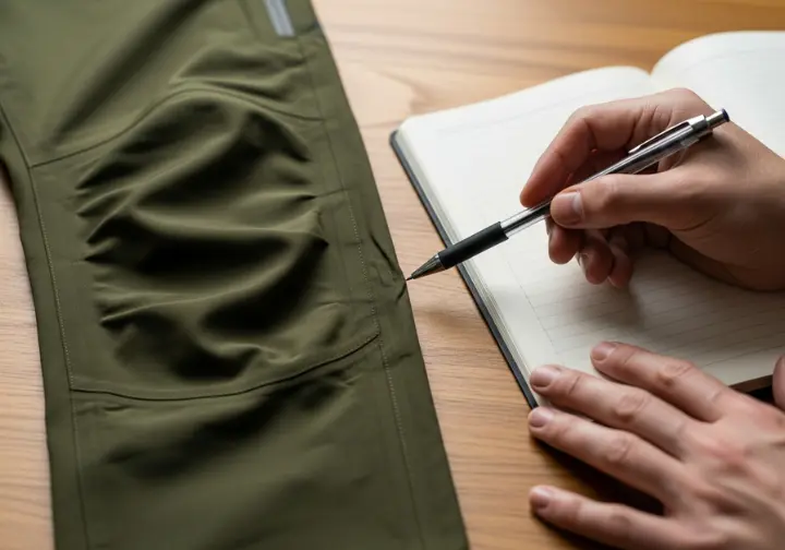 A desk scene showing weatherproof hiking pants laid out for review, with a hand pointing to a feature while taking notes.