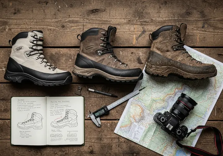 A flat lay showing several pairs of muddy and clean hiking shoes, a notebook, a camera, and a map, representing a rigorous gear selection process.